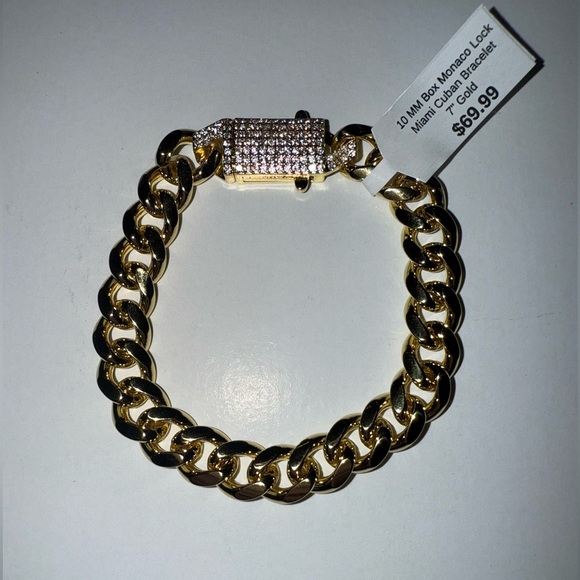 Jewelry - New 10mm Box Monaco Lock Miami Cuban 7” Gold Braclet